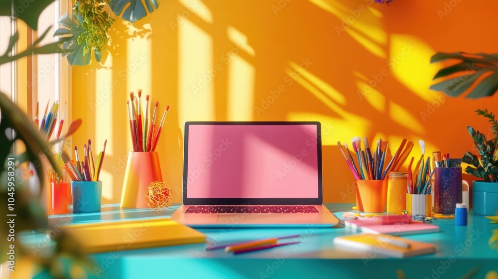 Leinwandbilder a vibrant workspace features a laptop surrounded by various colorful stationery, illuminated by sunl