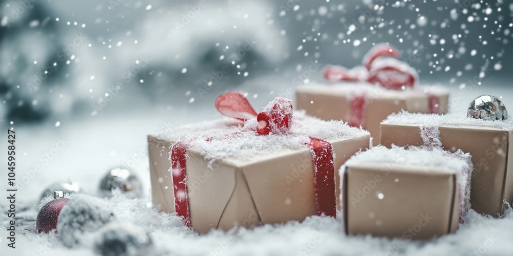 Poster a group of presents are covered in snow and red ribbons. the presents are stacked on top of each oth