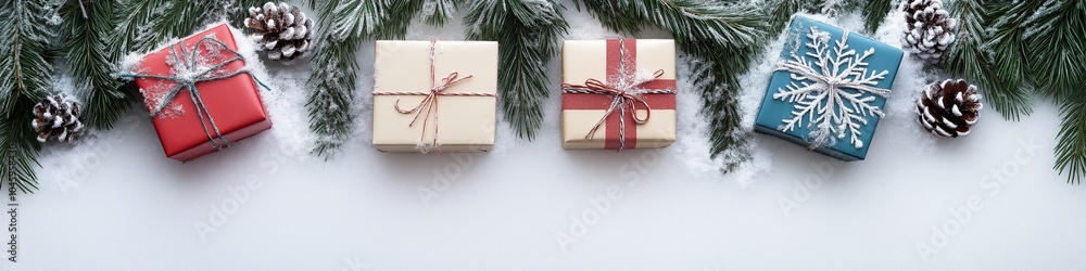 Poster a row of four presents with red bows on them. the presents are on a snowy background. the presents a