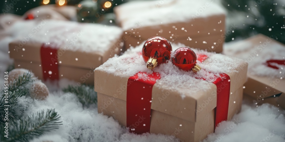 Poster a brown box with red ribbon and two red balls on top of it. the box is covered in snow and surrounde
