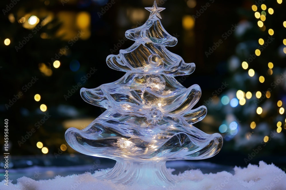 Poster a christmas tree made of ice is lit up with lights. the tree is surrounded by snow and is placed on 