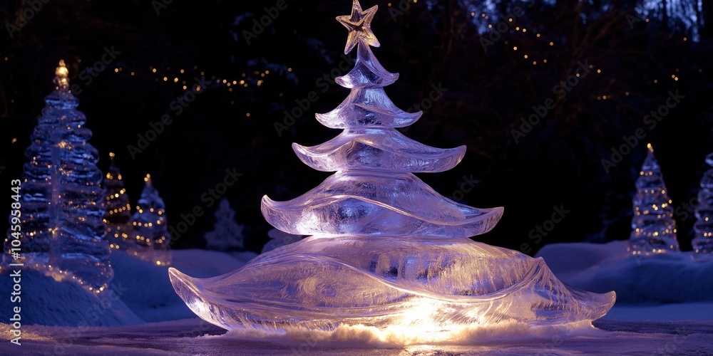 Poster a large, lit up christmas tree made of ice. the tree is surrounded by smaller trees, creating a fest