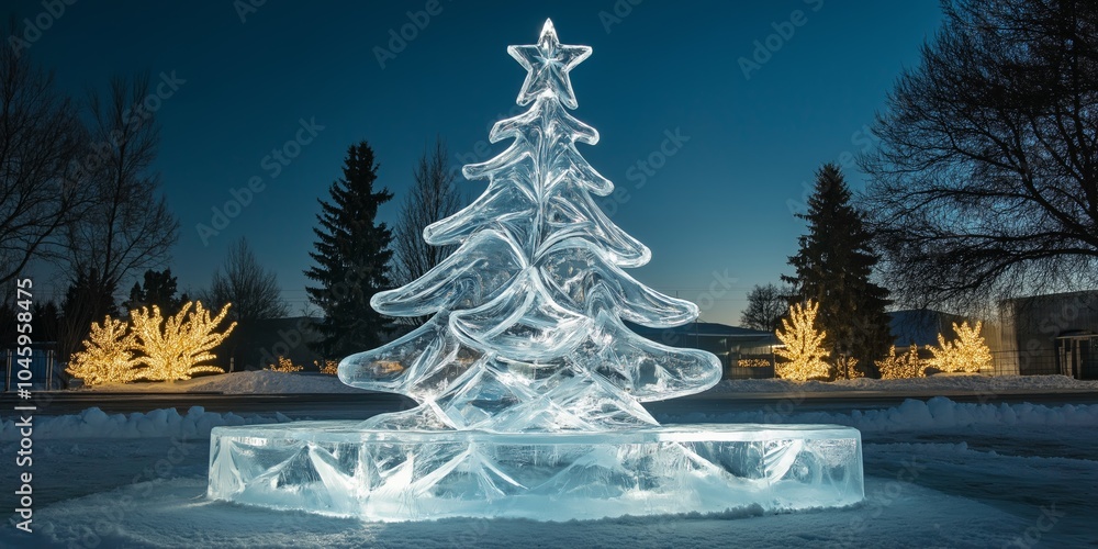 Poster a large ice tree with a star on top stands in a snowy field. the tree is surrounded by lights, creat