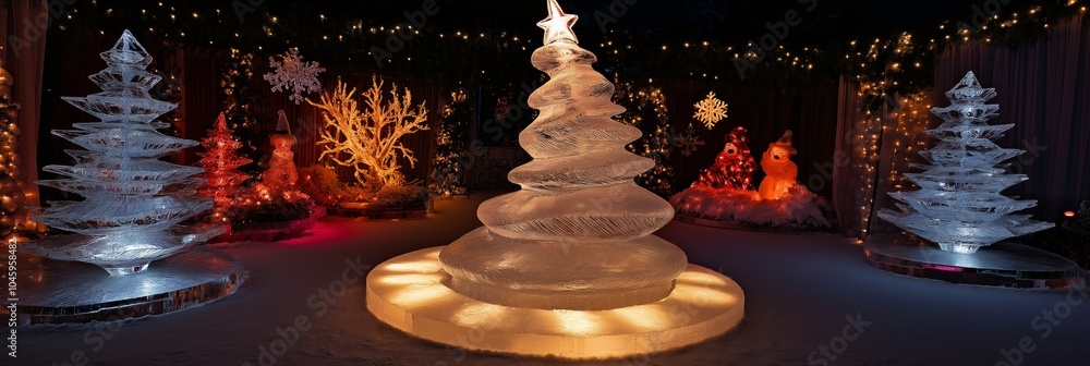 Poster a christmas tree made of ice is surrounded by other trees and snowmen. the scene is lit up with ligh