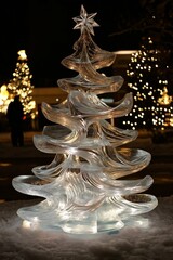 A large, glittery, ice-covered Christmas tree with a star on top. The tree is surrounded by other Christmas trees and lights, creating a festive atmosphere