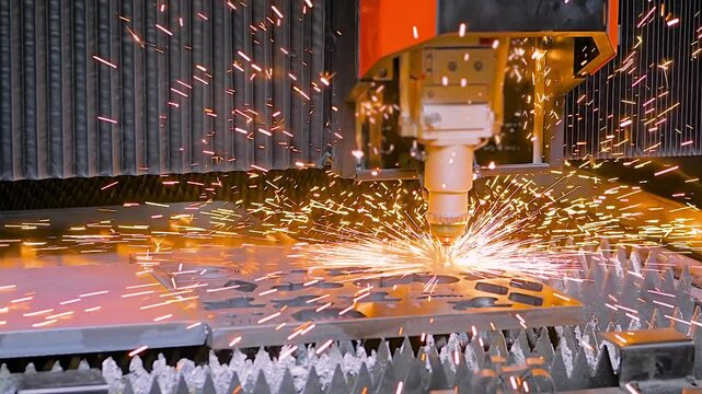 Automatic cnc plasma cutting machine is operating on thick sheet metal with sparks at factory, plant: slow motion. Laser processing, technology, metalworking, and industrial concept