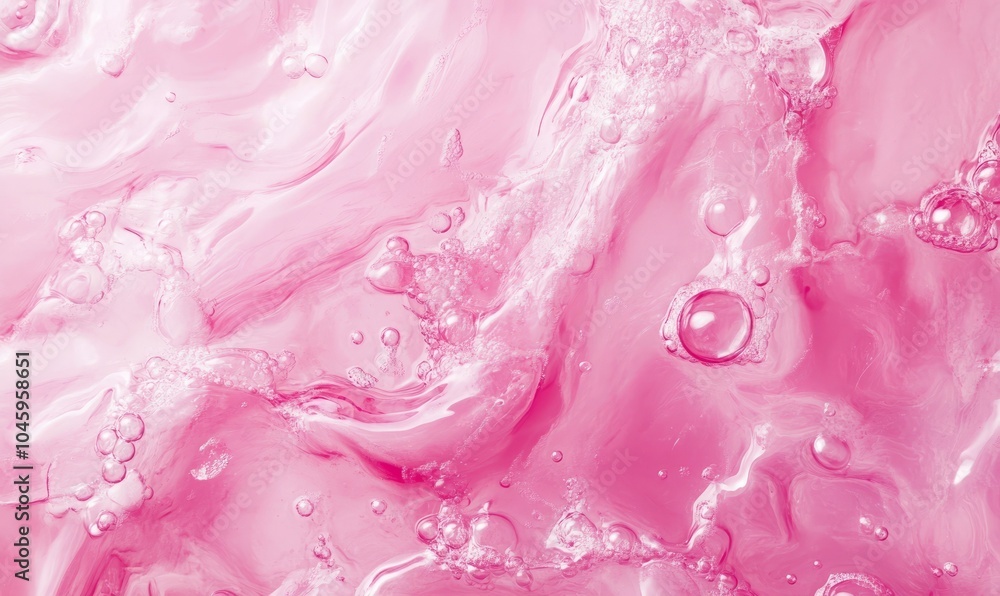 Poster top view of pink transparent clear calm water surface. texture with splashes and bubbles and podium 