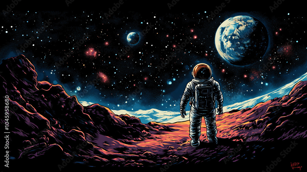 Wall mural outer space view with an astronaut and earth visible