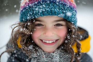 A smiling child dons a rainbow knit hat, embracing the snowy delight, sparkled by falling snowflakes, capturing the exuberance and charm of wintry wonders.