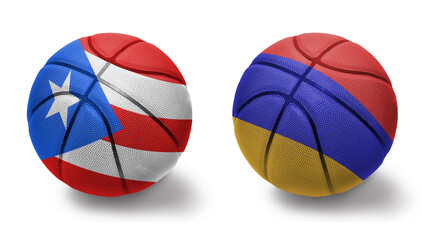 basketball balls with the national flags of armenia and puerto rico on the white background.