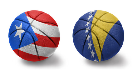 basketball balls with the national flags of bosnia and herzegovina and puerto rico on the white...