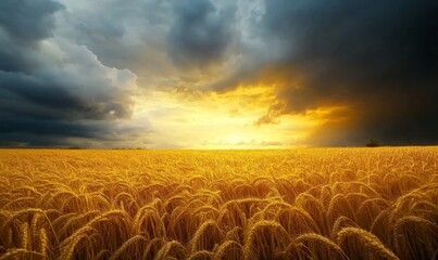 Storm clouds over golden wheat field during sunset