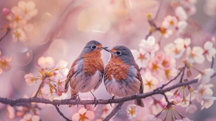 Amidst the blossoms, a pair of robins rests quietly on the branches, their feathers bright against the delicate flowers.