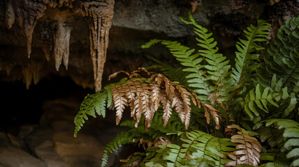 Lush green fern thriving in a cave with stunning stalactites hanging above, showcasing nature's beauty in a unique environment.