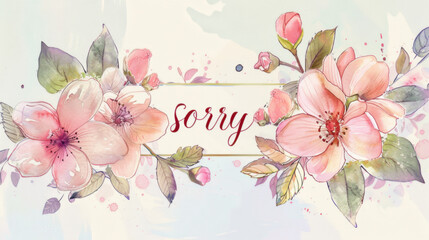 The text "sorry" with delicate flowers. Watercolor illustration. Pastel colors.