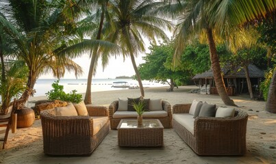 Relaxing outdoor seating area by the beach under palm trees, showcasing a tranquil blend of nature and comfort in a coastal paradise