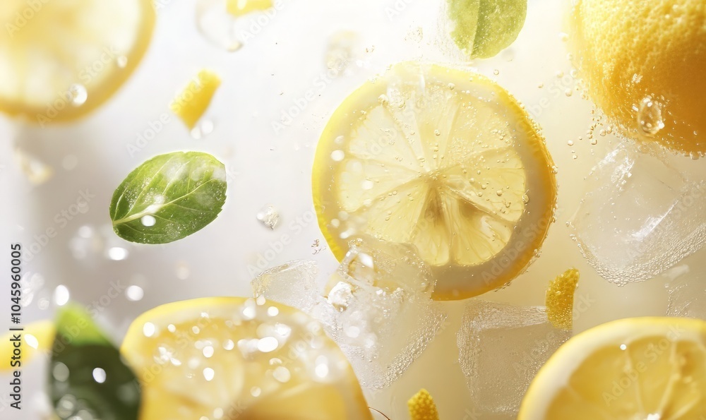 Poster refreshing lemonade banner with ice cubes and fresh lemon slices on a light background for summer ga