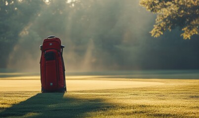 Red golf bag standing on course with golden morning light