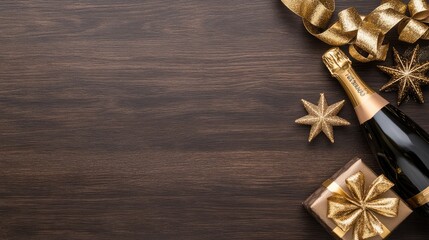 A festive New Year setup features champagne and sparklers on a dark wooden background, perfect for text