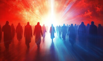 Red and Blue stylized illustration of Jesus returning to guide his followers back to heaven with bright light