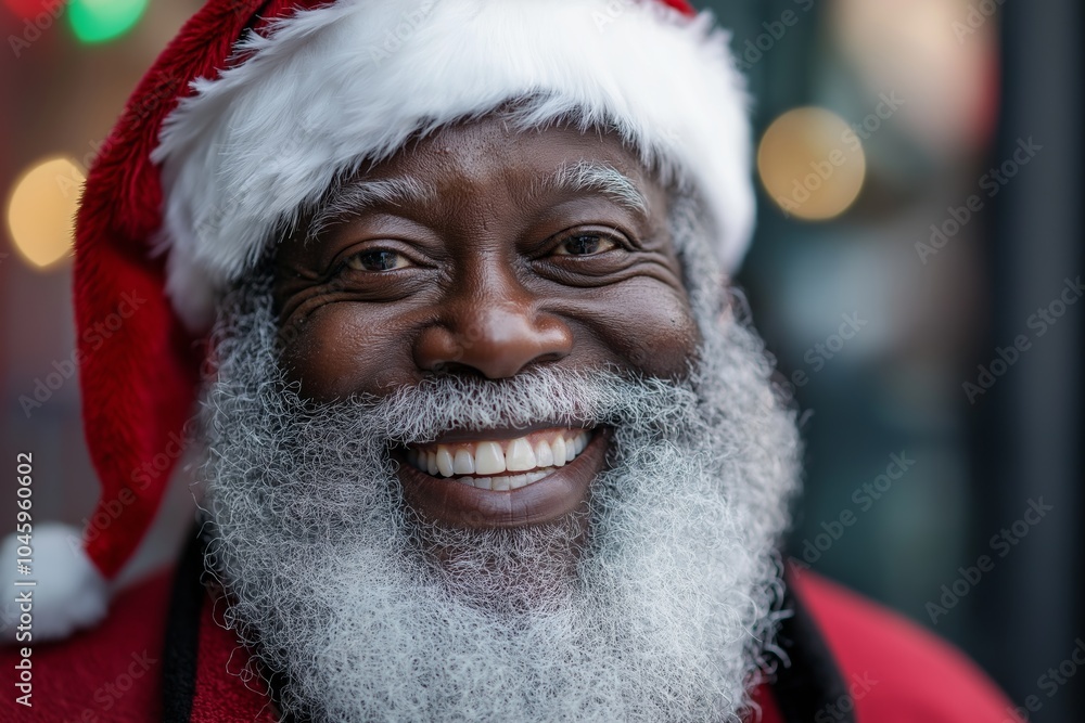 Poster a smiling man with a red hat and beard is wearing a santa hat. he is smiling and looking at the came
