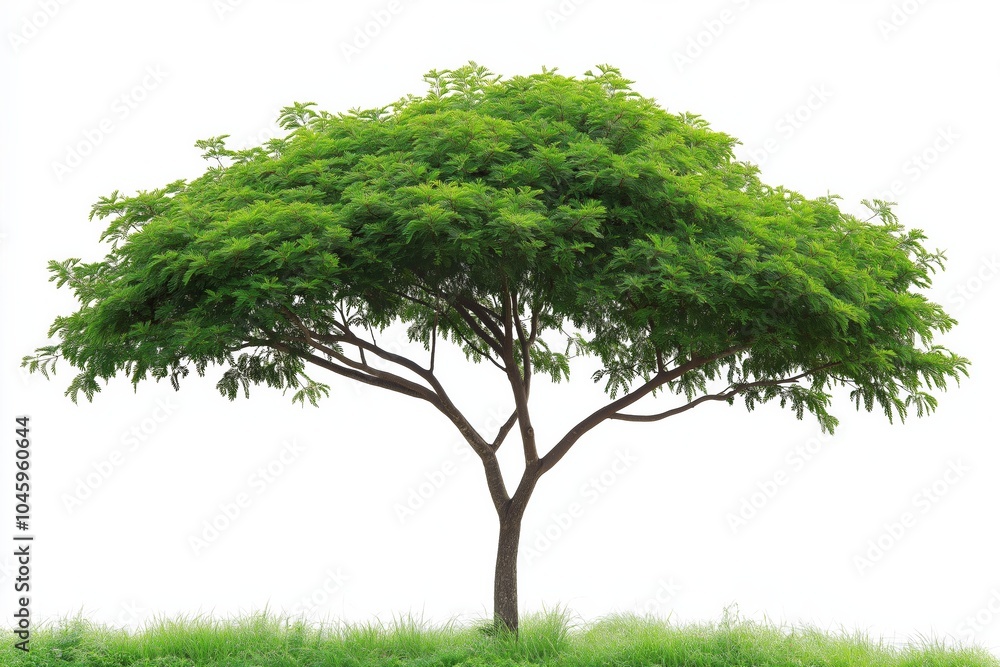 Poster a large tree with green leaves stands alone in a field. the tree is tall and has a wide canopy, prov