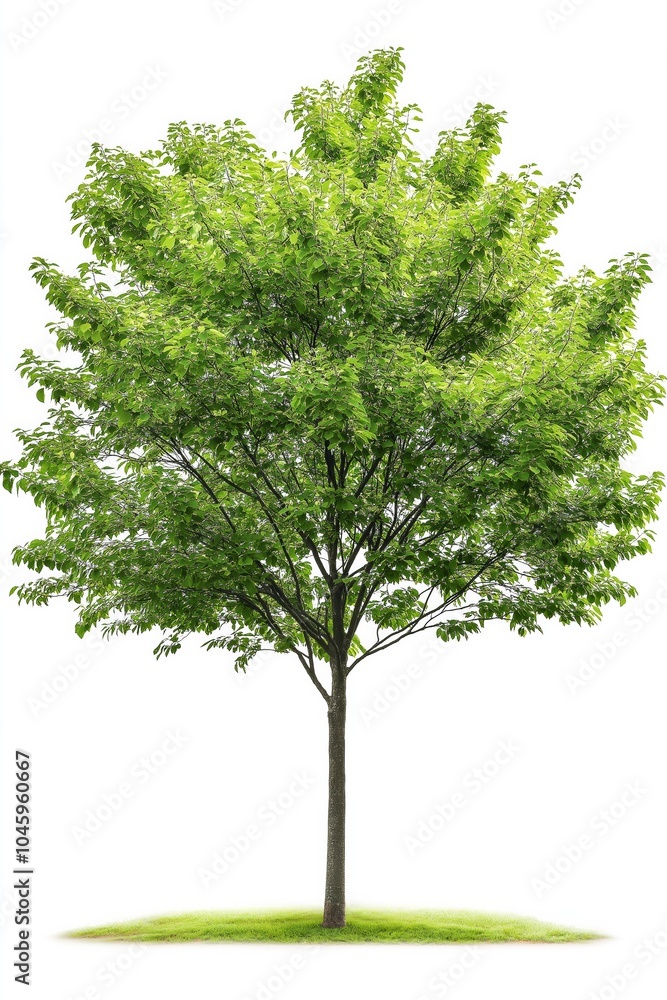 Poster a large green tree stands alone in a field. the tree is tall and has a lot of leaves. the field is e