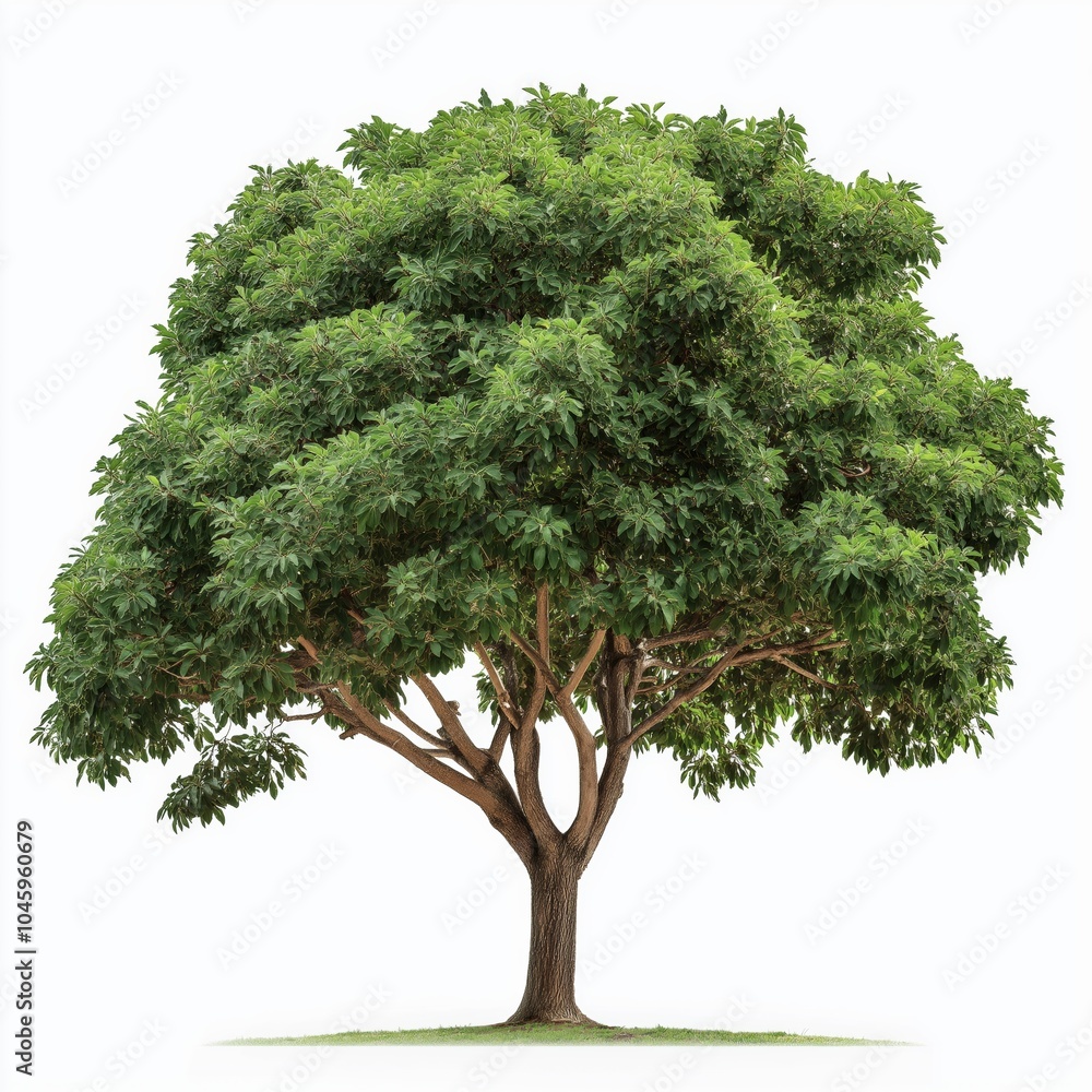 Poster a large tree with green leaves stands tall in a field. the tree is the main focus of the image, and 