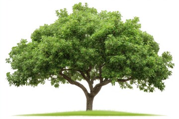 A large tree with green leaves is standing in a grassy field. The tree is the main focus of the image, and it is a beautiful and peaceful scene. The grass around the tree adds to the natural
