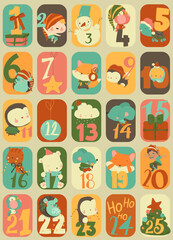 Fototapeta premium Cute Cartoon Advent Calendar with Funny Animals and Christmas Elements