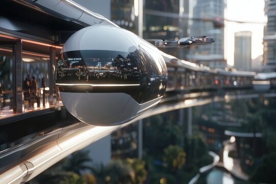 A futuristic transportation hub featuring a hyperloop pod, demonstrating advanced commuting technology and the future of urban connectivity and speed.