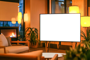 Cozy living room with a fireplace and a large flat screen TV. The room is filled with comfortable furniture and decorations, creating a warm and inviting atmosphere