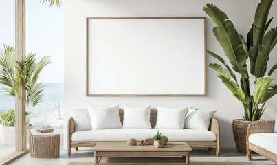 The serene atmosphere of a coastal living room is amplified by a frame mockup, its sleek design marrying the simplicity of the beach with interior elegance