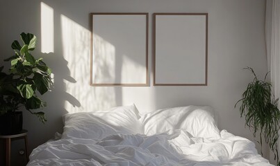 White bedding on bed in Scandinavian simple bedroom interior. Two posters on wall. Template