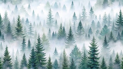 Obraz premium Watercolor spruce forest in fog seamless pattern