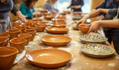 Pottery workshop in studio. master working with clay on the table. Adults learning to do ceramic plates. Pottery as hobby and leisure activity