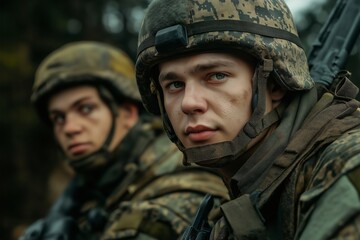 Fototapeta premium Close-up of two soldiers alert in camouflage and armor seated, scanning environment.