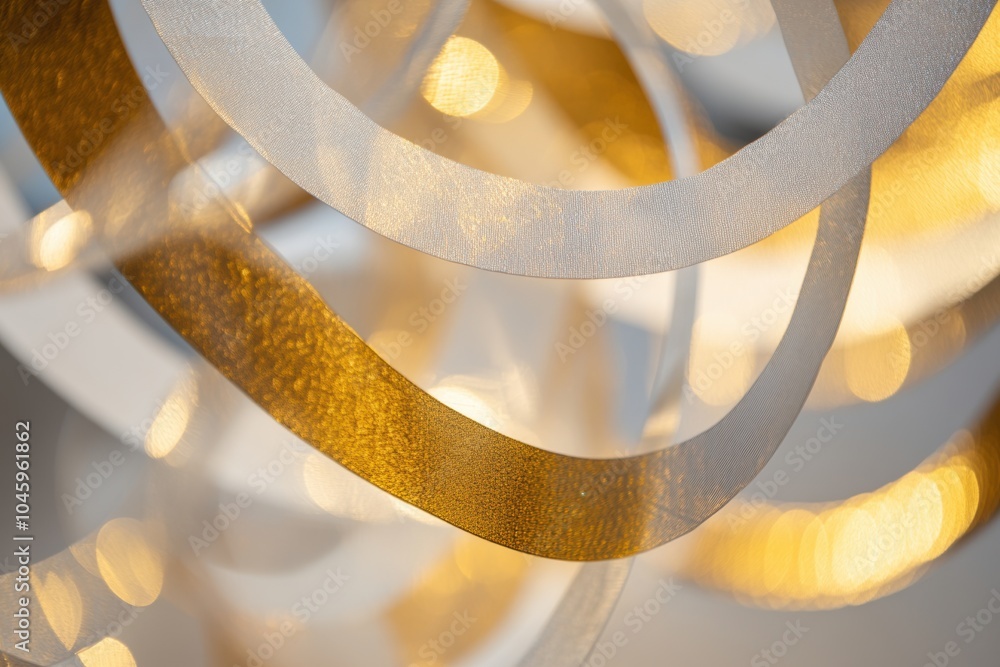 Poster Delicate golden and silver ribbons twist and swirl, catching soft light and creating an elegant atmosphere in a contemporary space. Generative AI