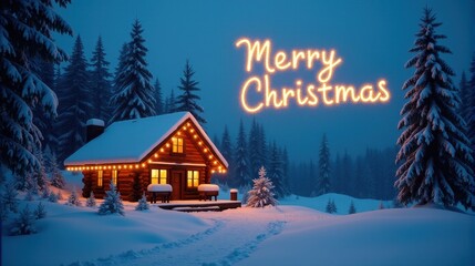 Fototapeta premium A cozy log cabin illuminated with warm lights stands amidst a snowy forest, complemented by a bright 