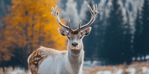 A magnificent stag with antlers poised in a snowy forest, exuding pride and natural elegance.