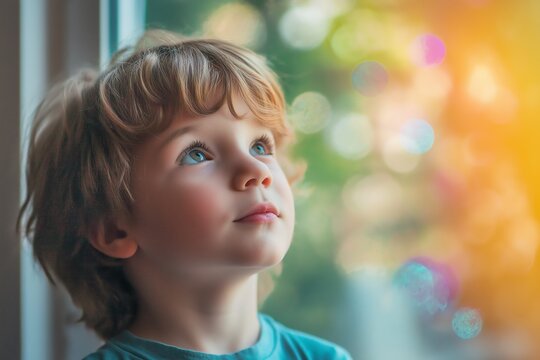 A dreamy child gazes out of the window, surrounded by vibrant, colorful light representing innocence and wonder.