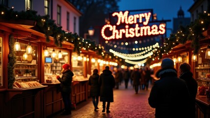 Fototapeta premium Festive Christmas market at night, adorned with bright lights and bustling with warmly-dressed people, creating a magical holiday atmosphere.