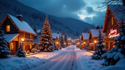 Fototapeta premium Snow-covered village street adorned with twinkling Christmas lights creates a cozy and festive winter wonderland scene.