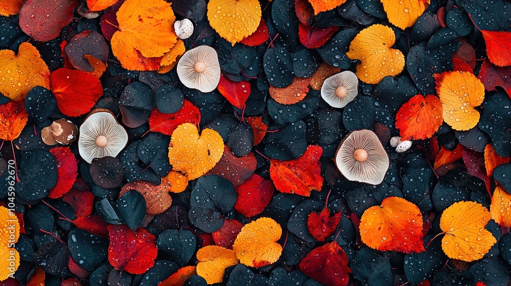 Poster a macro photo showcasing an array of leaves adorned with dew drops and a couple of mushrooms on top
