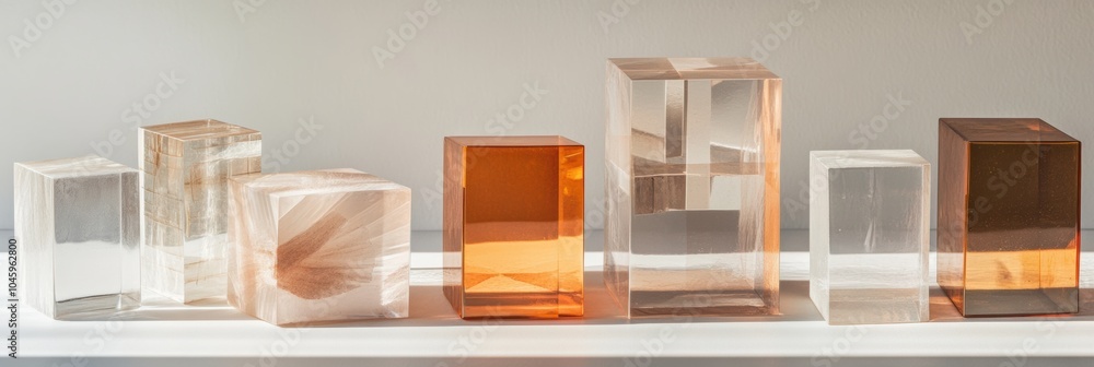 Poster a collection of clear geometric boxes is beautifully arranged, showcasing various shapes and transpa