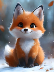 Obraz premium A charming cartoon fox with big eyes and a fluffy coat, sitting happily in a snowy environment.