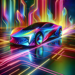 Supercar on a abstract neon background with glowing lines