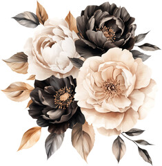 Bouquet of beige and black flowers. Watercolor neutral floral clipart. Generative AI.