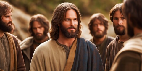 A man with a beard and a blue and tan robe is standing in front of a group of men