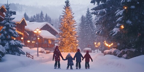 A family of four is standing in the snow, holding hands and looking at a Christmas tree. The scene is festive and joyful, with the snow-covered landscape and the tree adorned with lights